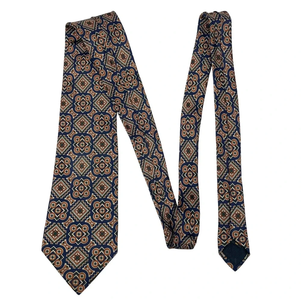 FENDI Cravatte Mens Silk Tie Navy Blue Orange Geometric Medallion Made in Italy‎